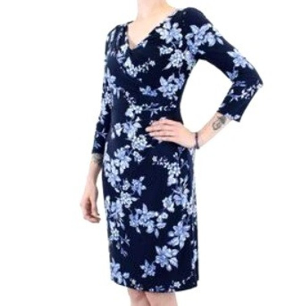 LAUREN RALPH LAUREN Women's 12 Navy Blue Floral Ruched Faux Wrap Midi Dress